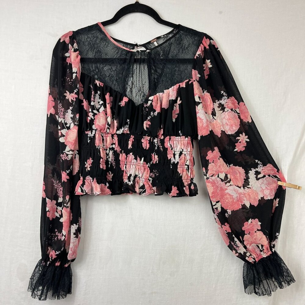 Free People Cropped‎ Semi Sheer Lace Top Women M Floral Whimsygoth Dark Romantic